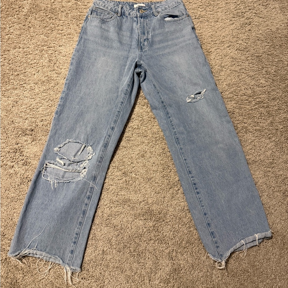 Forever 21 Light Blue Distressed Straight Leg Jeans